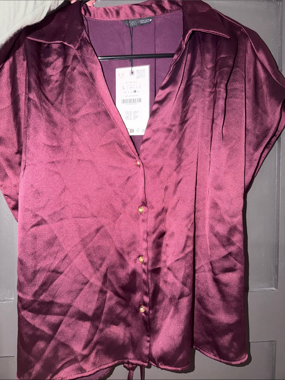 Zara Satin Button-Front Shirt — Burgundy Plum